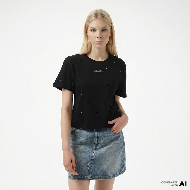  Guess Primula Rhinestones Kadın Siyah T-Shirt