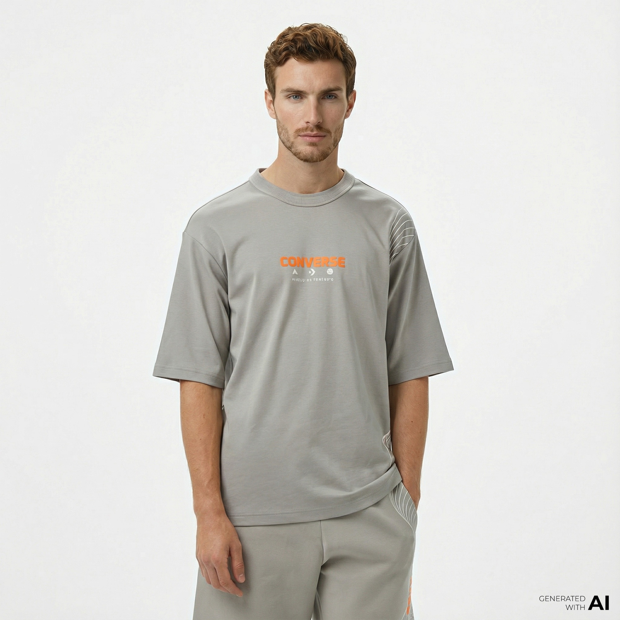 Converse Star Chevron Baskılı Oversize Fit Erkek Gri T-Shirt