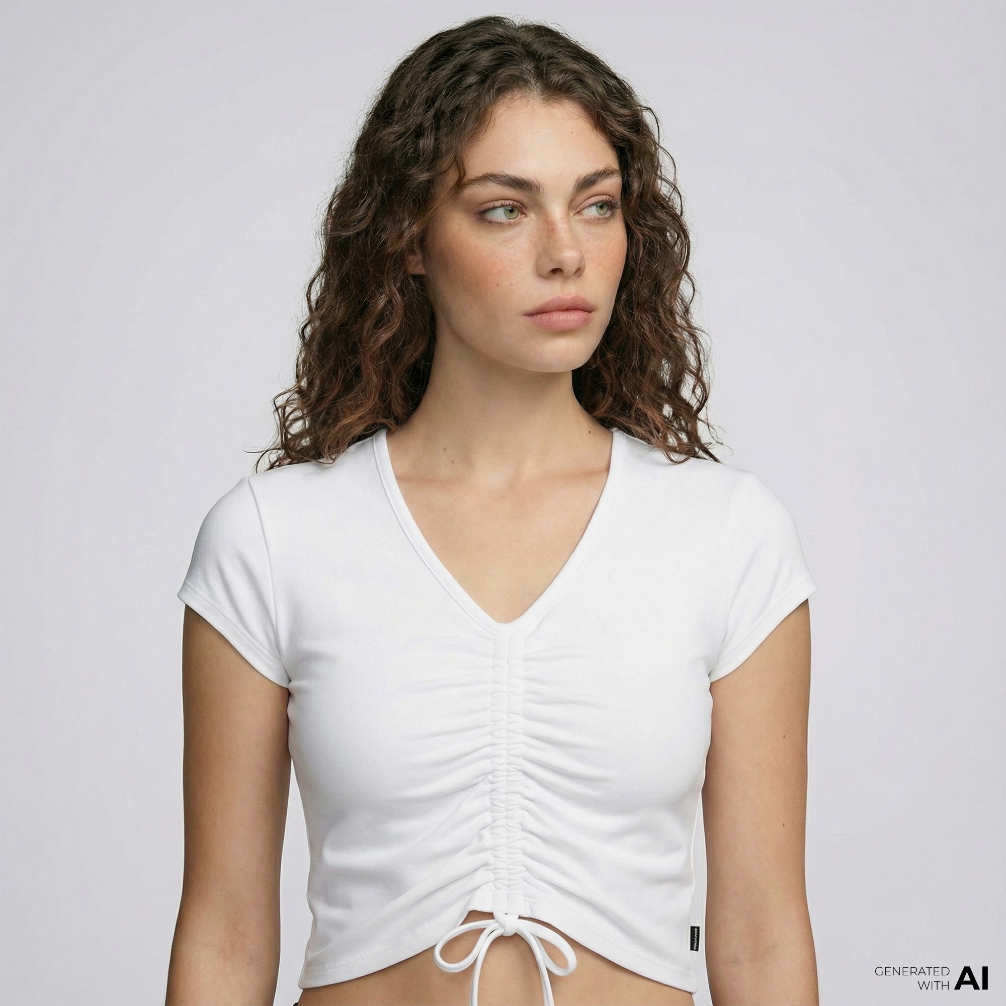 Converse Classic Kadın Slim Fit V Yaka Büzgülü Beyaz T-Shirt