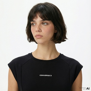  Converse Star Chevron Baskılı Kadın Siyah T-Shirt