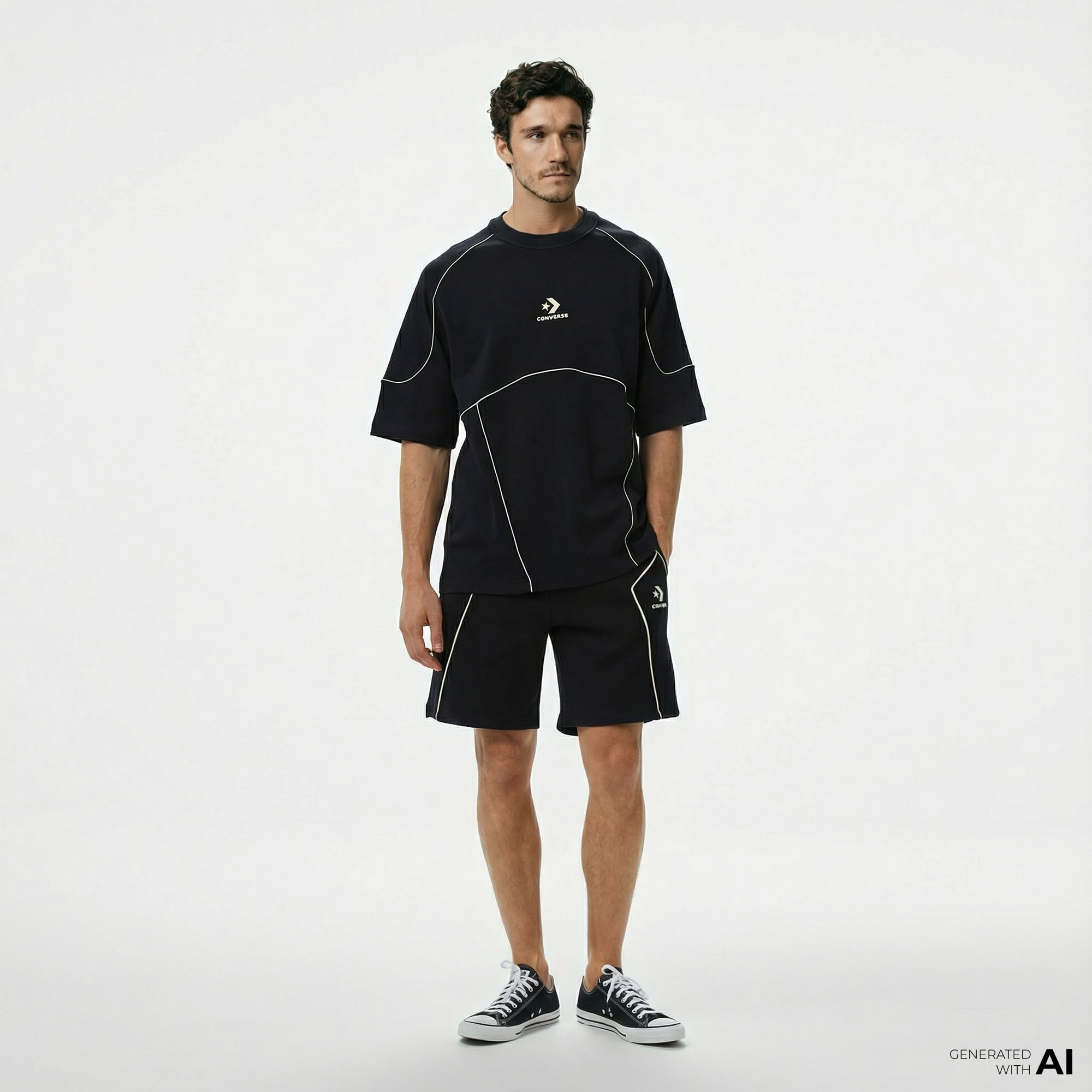 Converse Star Chevron Baskılı Oversize Fit Erkek Siyah T-Shirt