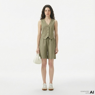  Lacoste Kadın Regular Fit Haki Bermuda Şort