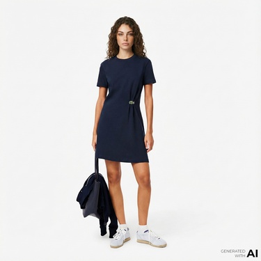  Lacoste Kadın Regular Fit Kısa Kollu Bisiklet Yaka Lacivert Elbise