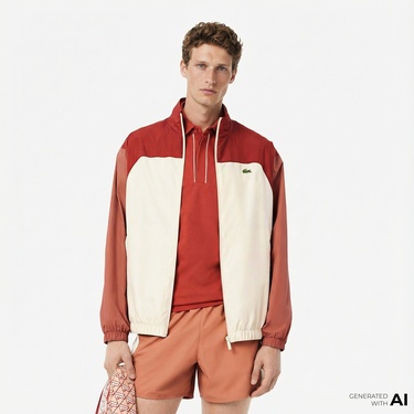  Lacoste Erkek Dik Yaka Renk Bloklu Bordo Ceket
