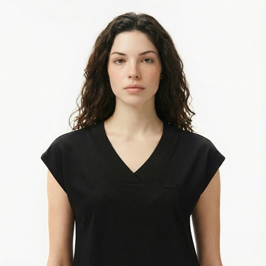  Lacoste Kadın Slim Fit V Yaka Siyah T-Shirt