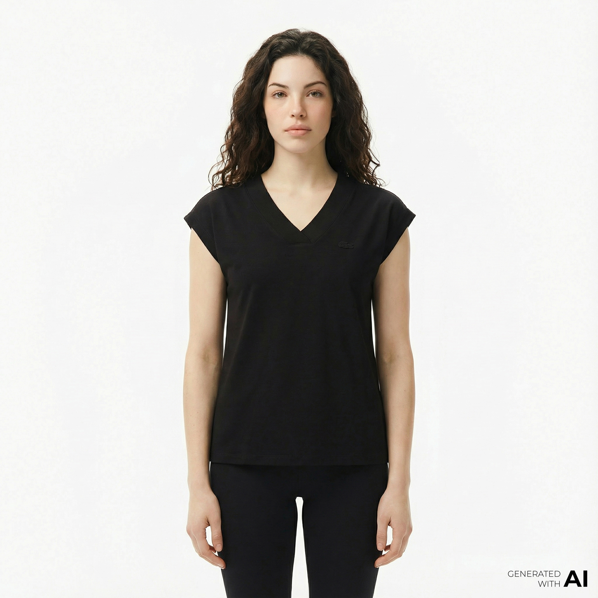  Lacoste Kadın Slim Fit V Yaka Siyah T-Shirt