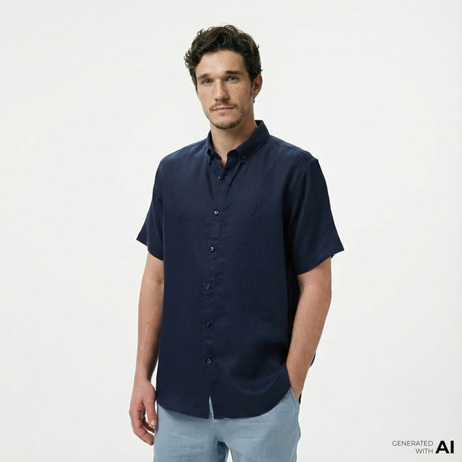  Nautica Erkek Lacivert Classic Fit Keten Gömlek