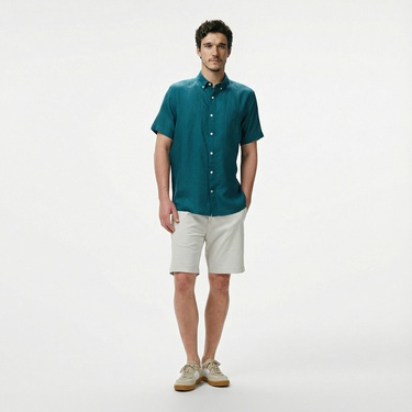  Nautica Erkek Yeşil Classic Fit Keten Gömlek