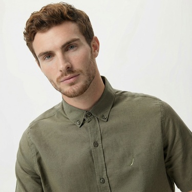  Nautica Erkek Yeşil Classic Fit Kısa Kollu Keten Gömlek