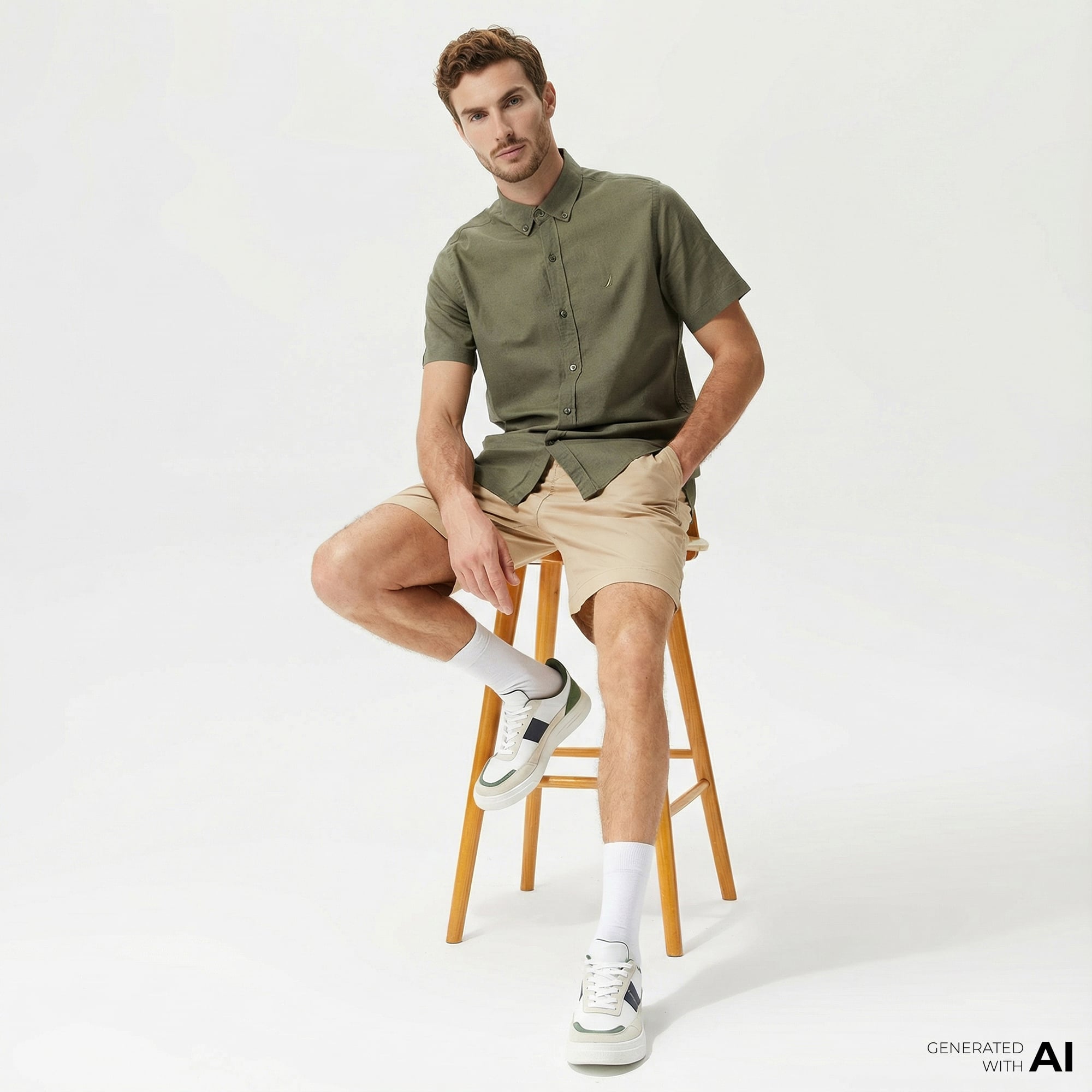  Nautica Erkek Yeşil Classic Fit Kısa Kollu Keten Gömlek