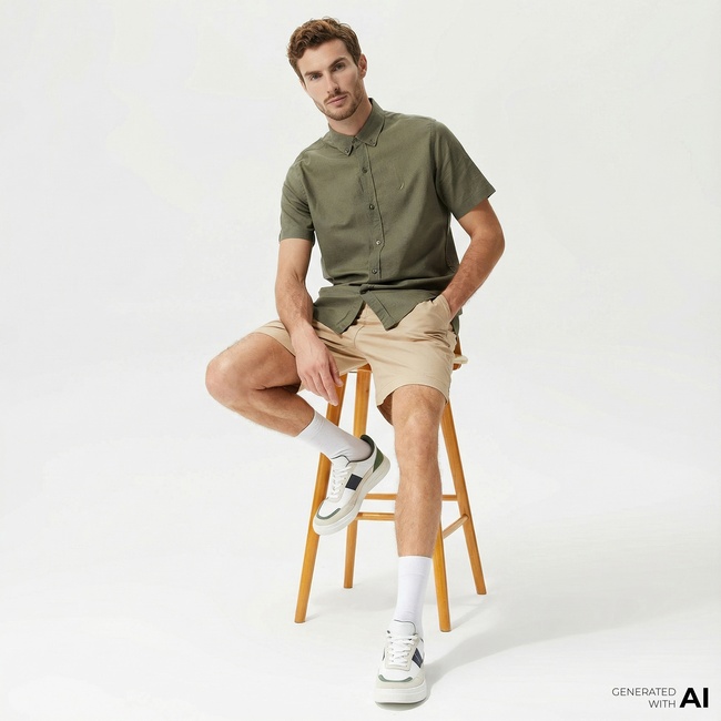  Nautica Erkek Yeşil Classic Fit Kısa Kollu Keten Gömlek