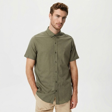  Nautica Erkek Yeşil Classic Fit Kısa Kollu Keten Gömlek