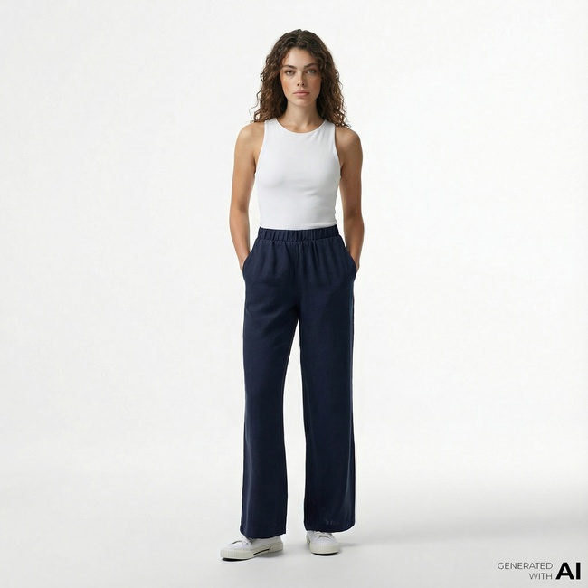  Nautica Kadın Lacivert Regular Fit Keten Karışımlı Pantolon