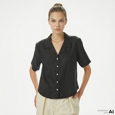  Nautica Kadın Siyah Regular Fit Keten Gömlek