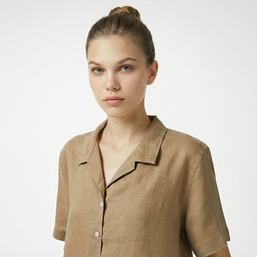  Nautica Kadın Kahverengi Regular Fit Keten Gömlek