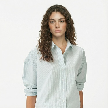 Nautica Kadın Yeşil Regular Fit Çizgili Gömlek