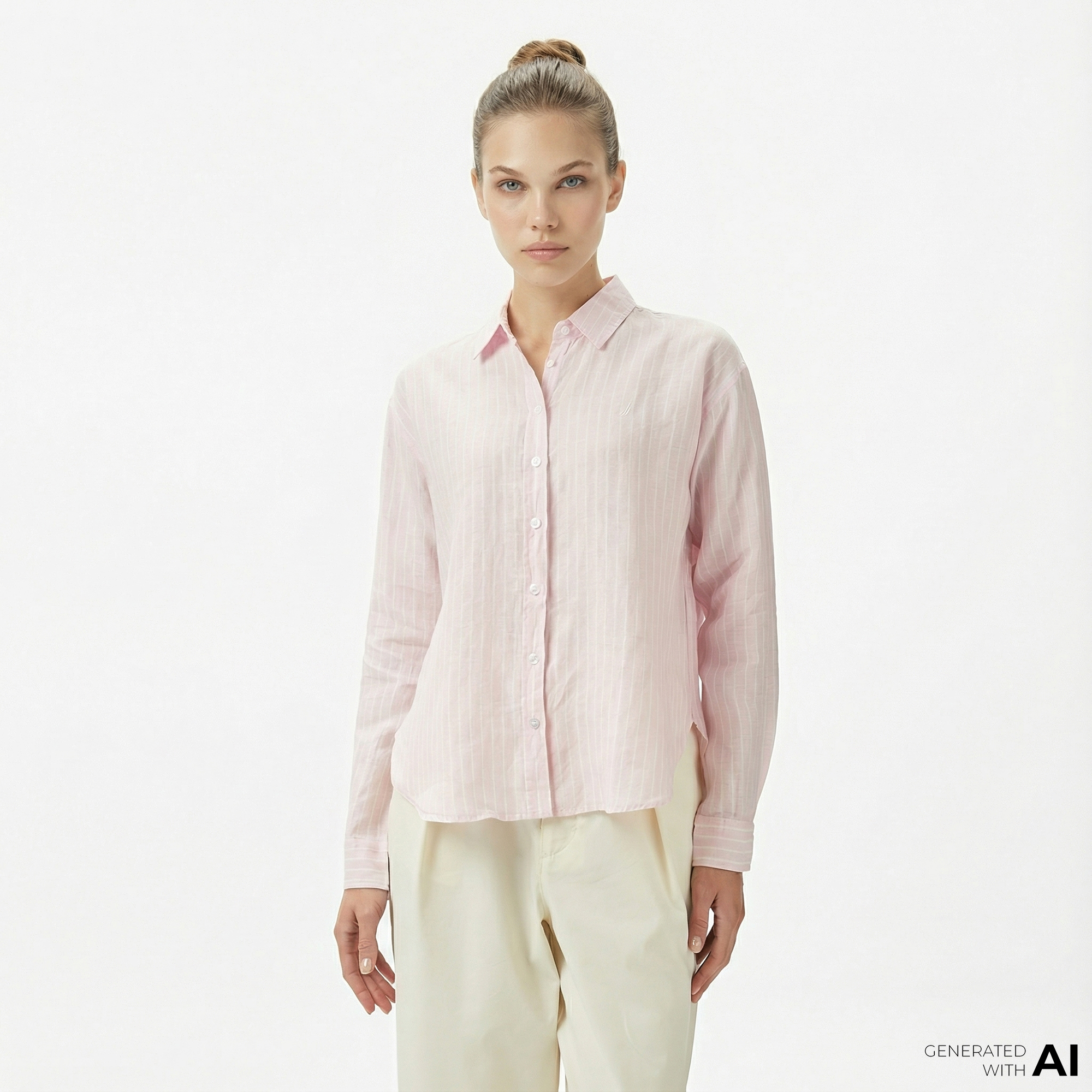 Nautica Kadın Mavi Regular Fit Keten Çizgili Gömlek