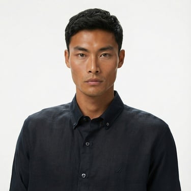  Nautica Erkek Siyah Classic Fit Keten Gömlek