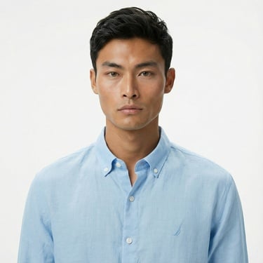  Nautica Erkek Mavi Classic Fit Keten Gömlek