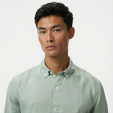  Nautica Erkek Yeşil Classic Fit Keten Gömlek