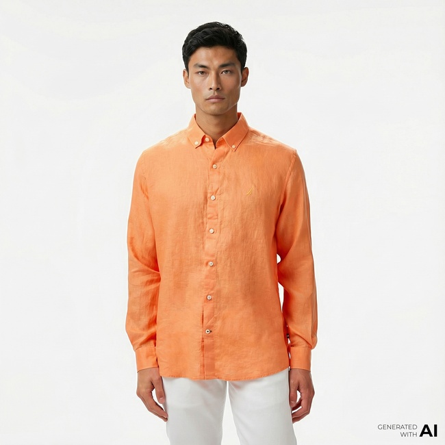  Nautica Erkek Turuncu Classic Fit Keten Gömlek