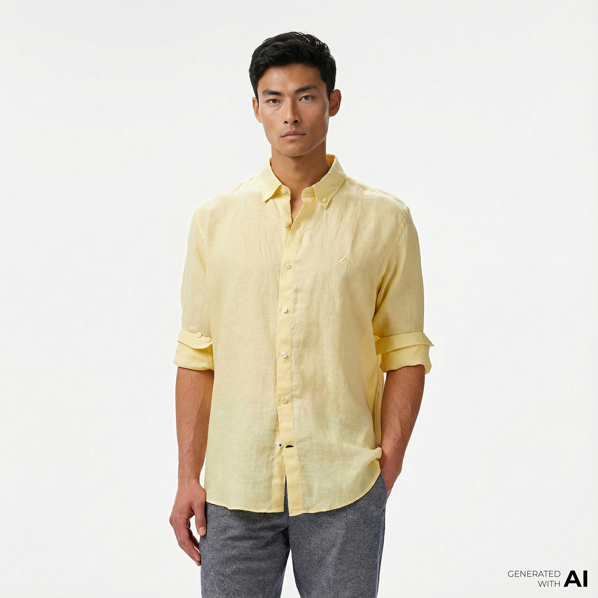  Nautica Erkek Sarı Classic Fit Keten Gömlek