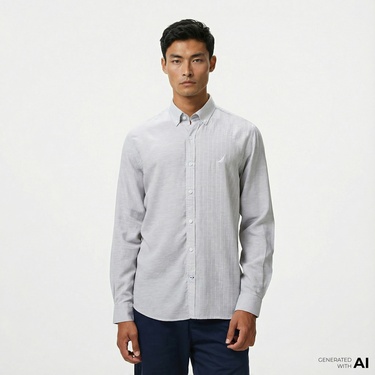  Nautica Erkek Gri Classic Fit Çizgili Gömlek