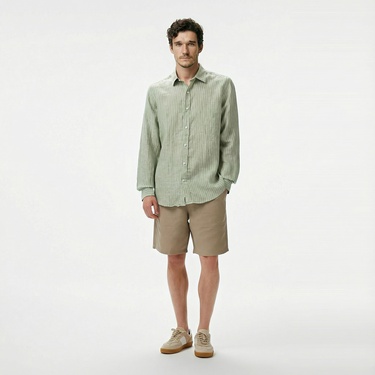  Nautica Erkek Yeşil Classic Fit Çizgili Keten Gömlek