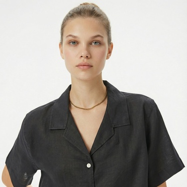  Nautica Kadın Siyah Regular Fit Keten Gömlek