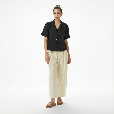  Nautica Kadın Siyah Regular Fit Keten Gömlek