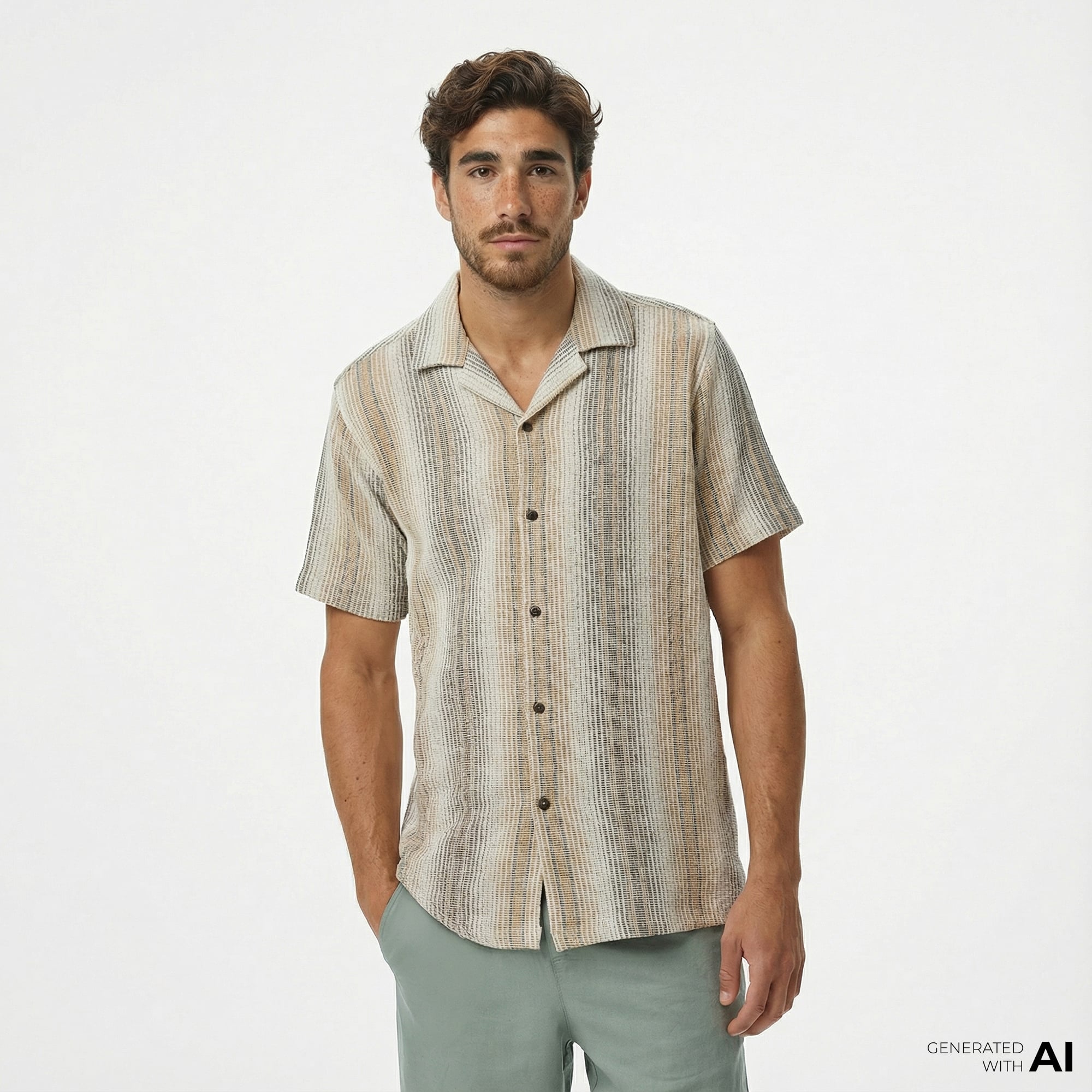  Nautica Erkek Bej Classic Fit Çizgili Gömlek