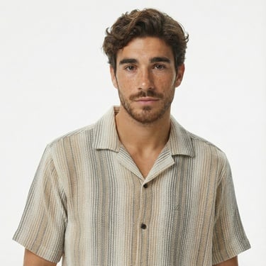  Nautica Erkek Bej Classic Fit Çizgili Gömlek