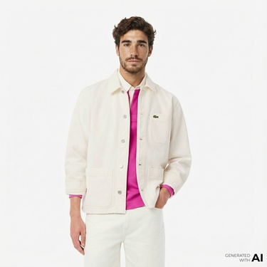  Lacoste Erkek Oversize Fit Gömlek Yaka Denim Krem Ceket