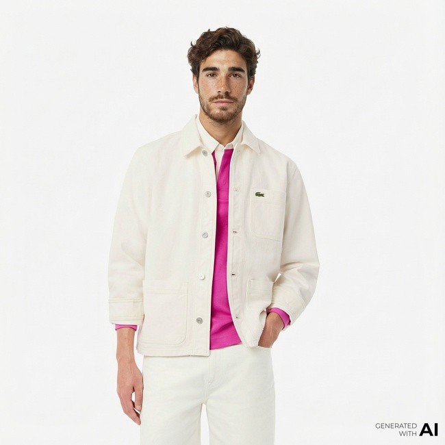  Lacoste Erkek Oversize Fit Gömlek Yaka Denim Krem Ceket