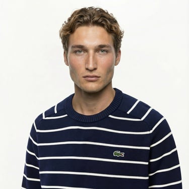  Lacoste Erkek Classic Fit Bisiklet Yaka Çizgili Lacivert Kazak