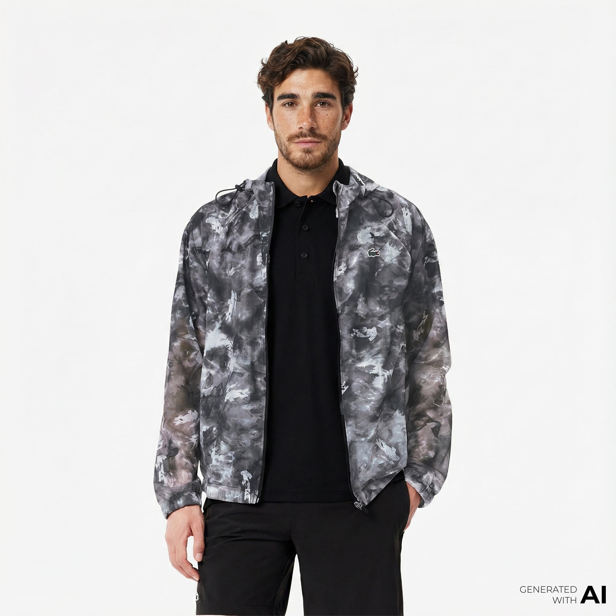  Lacoste Erkek Kapüşonlu Baskılı Siyah Ceket