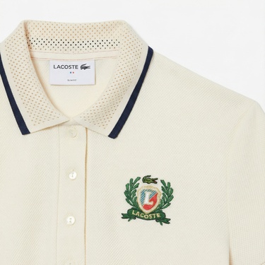  Lacoste Kadın Slim Fit Renk Bloklu Bej Polo