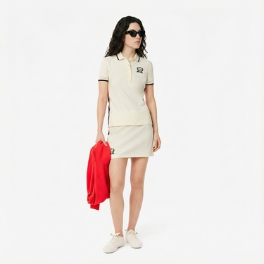  Lacoste Kadın Slim Fit Renk Bloklu Bej Polo