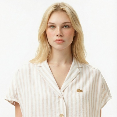  Lacoste Kadın Regular Fit Kısa Kollu Çizgili Keten Bej Gömlek