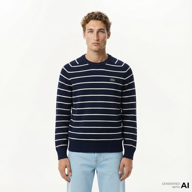  Lacoste Erkek Classic Fit Bisiklet Yaka Çizgili Lacivert Kazak