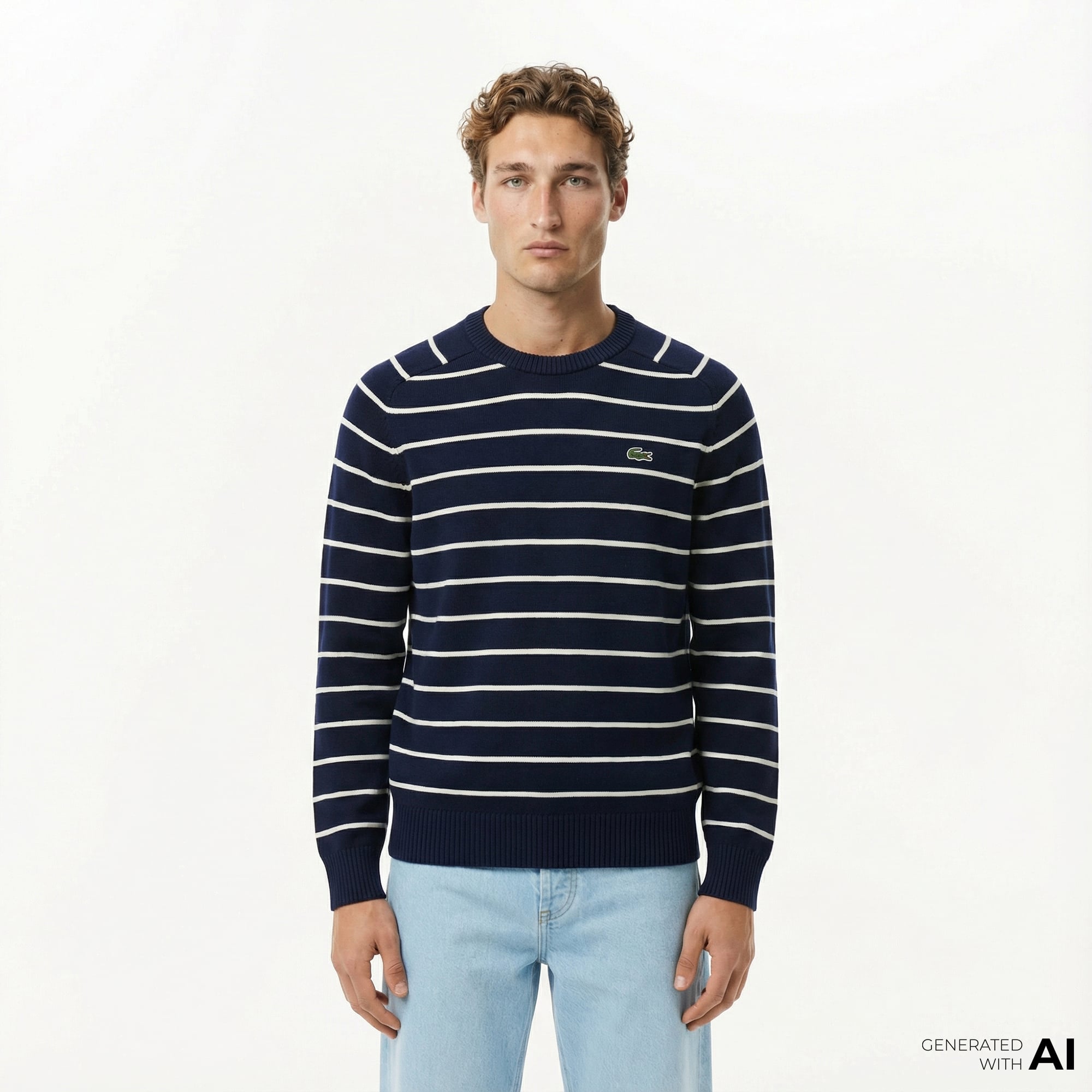  Lacoste Erkek Classic Fit Bisiklet Yaka Çizgili Lacivert Kazak