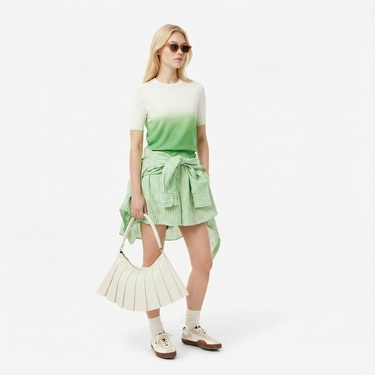  Lacoste Kadın Classic Fit Kısa Kollu Bisiklet Yaka Renk Bloklu Yeşil Triko