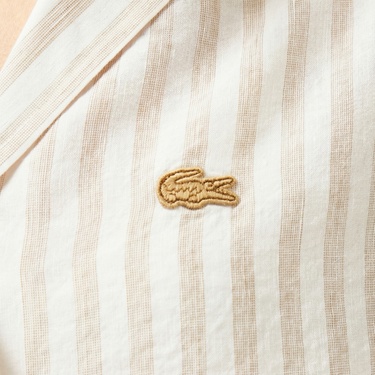  Lacoste Kadın Regular Fit Kısa Kollu Çizgili Keten Bej Gömlek