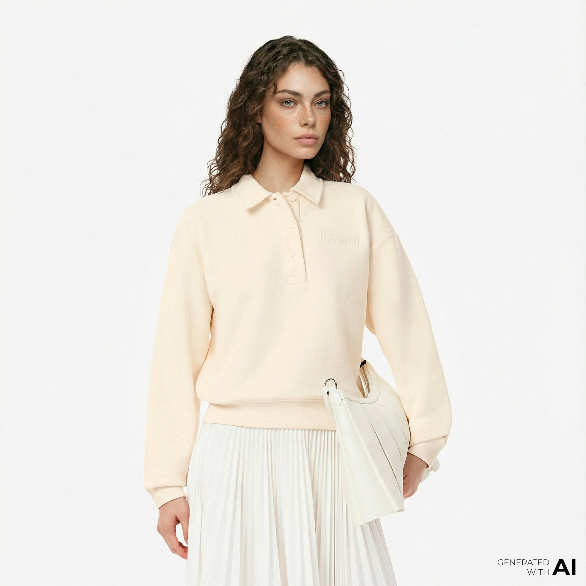  Lacoste Kadın Relaxed Fit Polo Yaka Krem Sweatshirt