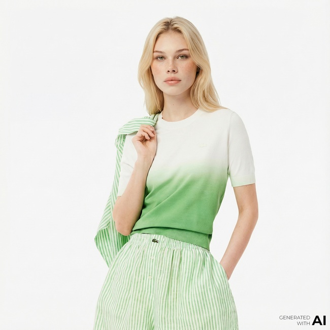  Lacoste Kadın Classic Fit Kısa Kollu Bisiklet Yaka Renk Bloklu Yeşil Triko