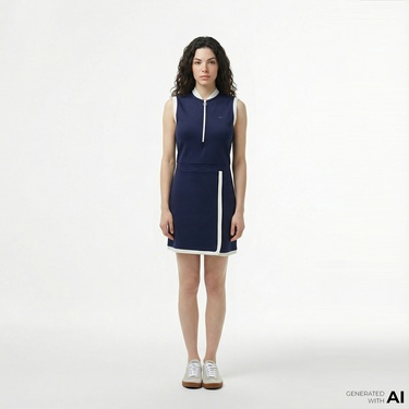 Lacoste Kadın Regular Fit Kolsuz Yarım Fermuarlı Renk Bloklu Lacivert Elbise