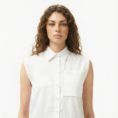  Lacoste Kadın Regular Fit Kolsuz Beyaz Gömlek