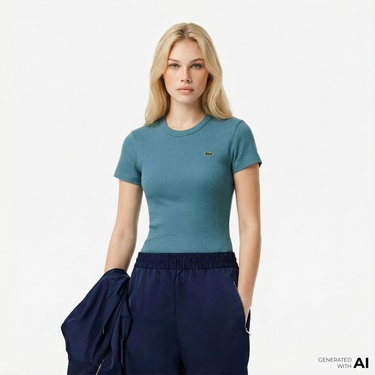  Lacoste Kadın Slim Fit Bisiklet Yaka Mavi T-Shirt