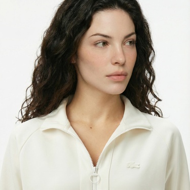  Lacoste Kadın Loose Fit Fermuarlı Beyaz Sweatshirt