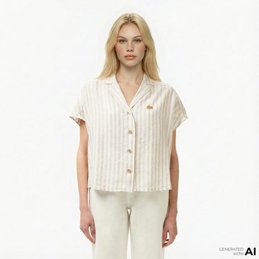  Lacoste Kadın Regular Fit Kısa Kollu Çizgili Keten Bej Gömlek